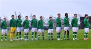 22 March 2023; Republic of Ireland players stand for Amhrán na bhFiann before the UEFA European Under-19 Championship Elite Round match between Republic of Ireland and Slovakia at Ferrycarrig Park in Wexford. Photo by Piaras Ó Mídheach/Sportsfile