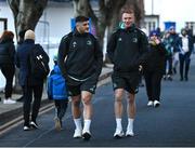 24 March 2023; Vakhtang Abdaladze and Ciarán Frawley of Leinster arrive before the United Rugby Championship match between Leinster and DHL Stormers at the RDS Arena in Dublin. Photo by Harry Murphy/Sportsfile