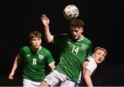 24 March 2023; Adam O'Halloran of Republic of Ireland in action against Jacob Towns of England during the Under-18 Schools Cententary Shield International match between Republic of Ireland and England at Athlone Town Stadium in Westmeath. Photo by Piaras Ó Mídheach/Sportsfile
