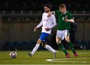 24 March 2023; Ollie Fraser of England in action against Arran Healy of Republic of Ireland during the Under-18 Schools Cententary Shield International match between Republic of Ireland and England at Athlone Town Stadium in Westmeath. Photo by Piaras Ó Mídheach/Sportsfile