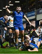 24 March 2023; Michael Milne of Leinster celebrates as Scott Penny of Leinster scores his side's second try during the United Rugby Championship match between Leinster and DHL Stormers at the RDS Arena in Dublin. Photo by Harry Murphy/Sportsfile