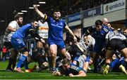 24 March 2023; Michael Milne of Leinster celebrates as Scott Penny of Leinster scores his side's second try during the United Rugby Championship match between Leinster and DHL Stormers at the RDS Arena in Dublin. Photo by Harry Murphy/Sportsfile