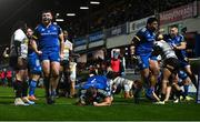 24 March 2023; Michael Milne and Michael Ala'alatoa of Leinster celebrates as Scott Penny of Leinster scores his side's second try during the United Rugby Championship match between Leinster and DHL Stormers at the RDS Arena in Dublin. Photo by Harry Murphy/Sportsfile