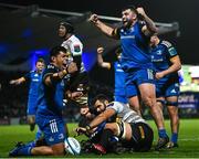 24 March 2023; Michael Ala'alatoa and Michael Milne of Leinster celebrates as Max Deegan of Leinster scores his side's fourth try during the United Rugby Championship match between Leinster and DHL Stormers at the RDS Arena in Dublin. Photo by Harry Murphy/Sportsfile
