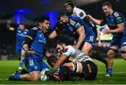 24 March 2023; Michael Ala'alatoa and Michael Milne of Leinster celebrates as Max Deegan of Leinster scores his side's fourth try during the United Rugby Championship match between Leinster and DHL Stormers at the RDS Arena in Dublin. Photo by Harry Murphy/Sportsfile