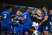 24 March 2023; Max Deegan of Leinster, 8, celebrates with teammates after scoring his side's fourth try during the United Rugby Championship match between Leinster and DHL Stormers at the RDS Arena in Dublin. Photo by Harry Murphy/Sportsfile