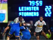 24 March 2023; Hacjivah Dayimani of DHL Stormers is tackled by Will Connors, left, and Ciarán Frawley of Leinster during the United Rugby Championship match between Leinster and DHL Stormers at the RDS Arena in Dublin. Photo by Tyler Miller/Sportsfile