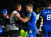 24 March 2023; Manie Libbok of DHL Stormers and Jordan Larmour of Leinster after the United Rugby Championship match between Leinster and DHL Stormers at the RDS Arena in Dublin. Photo by Tyler Miller/Sportsfile