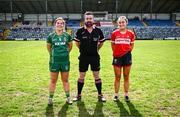 25 March 2023; Referee Seamus Mulvihill with captains Shauna Ennis of Meath and Sarah Leahy of Cork before the Lidl Ladies National Football League Division 1 Round 7 match between Cork and Meath at Pairc Ui Rinn in Cork. Photo by Eóin Noonan/Sportsfile