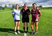 25 March 2023; Referee Sinead McHugh with team captains Casey Noone of Maynooth, left, and Orla McAlinden of St Ronan's College before the Lidl LGFA Post Primary Junior B Final match between Maynooth Educate Together, Kildare, and St Ronan's College Lurgan, Armagh, at the GAA National Games Development Centre in Abbotstown, Dublin. Photo by Ben McShane/Sportsfile
