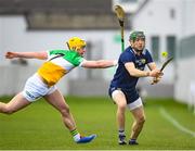 25 March 2023; Jordan Conway of Kerry in action against Killian Sampson of Offaly during the Allianz Hurling League Division 2A Semi-Final match between Offaly and Kerry at Glenisk O'Connor Park in Tullamore, Offaly. Photo by Matt Browne/Sportsfile