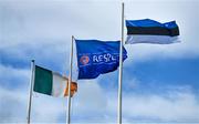 25 March 2023; The flags of Republic of Ireland, UEFA and Estonia are seen before the UEFA European Under-19 Championship Elite Round match between Republic of Ireland and Estonia at Ferrycarrig Park in Wexford. Photo by Sam Barnes/Sportsfile