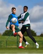 25 March 2023; Jayson Molumby and Chiedozie Ogbene, right, during a Republic of Ireland training session at the FAI National Training Centre in Abbotstown, Dublin. Photo by Stephen McCarthy/Sportsfile