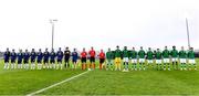 22 March 2023; Players and match officials before the UEFA European Under-19 Championship Elite Round match between Republic of Ireland and Slovakia at Ferrycarrig Park in Wexford. Photo by Piaras Ó Mídheach/Sportsfile