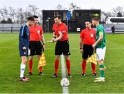 22 March 2023; Referee Sander Van Der Eijk with team captains Mário Sauer of Slovakia and Edward McJannet of Republic of Ireland before the UEFA European Under-19 Championship Elite Round match between Republic of Ireland and Slovakia at Ferrycarrig Park in Wexford. Photo by Piaras Ó Mídheach/Sportsfile
