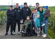 25 March 2023; Manager Stephen Kenny and coaches John O'Shea and Keith Andrews, right, meet Vincent Lyons, age 12, from Blanchardstown, and his family after a Republic of Ireland training session at the FAI National Training Centre in Abbotstown, Dublin. Photo by Stephen McCarthy/Sportsfile