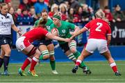 25 March 2023; Sam Monaghan of Ireland is tackled by Kelsey Jones and Abbie Fleming of Wales during the TikTok Women's Six Nations Rugby Championship match between Wales and Ireland at Cardiff Arms Park in Cardiff, Wales. Photo by Mark Lewis/Sportsfile