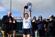 25 March 2023; Casey Noone of Maynooth lifts the cup after the Lidl LGFA Post Primary Junior B Final match between Maynooth Educate Together, Kildare, and St Ronan's College Lurgan, Armagh, at the GAA National Games Development Centre in Abbotstown, Dublin. Photo by Ben McShane/Sportsfile