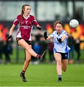 25 March 2023; Evie McCafferty  of St Ronan's College in action against Eabha McIver of Maynooth during the Lidl LGFA Post Primary Junior B Final match between Maynooth Educate Together, Kildare, and St Ronan's College Lurgan, Armagh, at the GAA National Games Development Centre in Abbotstown, Dublin. Photo by Ben McShane/Sportsfile