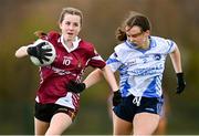 25 March 2023; Lauren McAlinden  of St Ronan's College in action against Aoife O'Riain of Maynooth during the Lidl LGFA Post Primary Junior B Final match between Maynooth Educate Together, Kildare, and St Ronan's College Lurgan, Armagh, at the GAA National Games Development Centre in Abbotstown, Dublin. Photo by Ben McShane/Sportsfile