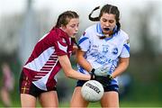 25 March 2023; Keeva Flynn of Maynooth is intercepted by Olivia Campbell of St Ronan's College during the Lidl LGFA Post Primary Junior B Final match between Maynooth Educate Together, Kildare, and St Ronan's College Lurgan, Armagh, at the GAA National Games Development Centre in Abbotstown, Dublin. Photo by Ben McShane/Sportsfile