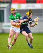 25 March 2023; Daniel Collins of Kerry in action against Killian Sampson of Offaly during the Allianz Hurling League Division 2A Semi-Final match between Offaly and Kerry at Glenisk O'Connor Park in Tullamore, Offaly. Photo by Matt Browne/Sportsfile