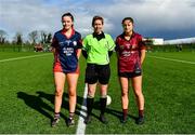 25 March 2023; Referee Angela Gallagher with team captains Emily Brenner of St Mary's High School, left, and Sarah Clarke of Loreto College before the Lidl LGFA Post Primary Junior A Final match between Loreto College Cavan and St Mary's High School Midleton, Cork at the GAA National Games Development Centre in Abbotstown, Dublin. Photo by Ben McShane/Sportsfile
