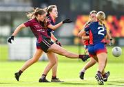 25 March 2023; Sarah Clarke of Loreto College scores her side's third goal despite the attention of Emily Brenner, left, and Tara O'Neill of St Mary's High School during the Lidl LGFA Post Primary Junior A Final match between Loreto College Cavan and St Mary's High School Midleton, Cork at the GAA National Games Development Centre in Abbotstown, Dublin. Photo by Ben McShane/Sportsfile