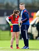 25 March 2023; St Mary's High School goalkeeper Natalia O'Connor is assisted by St Mary's High School manager Tomás Mac a t'Saoir after sustaining an injury during the Lidl LGFA Post Primary Junior A Final match between Loreto College Cavan and St Mary's High School Midleton, Cork at the GAA National Games Development Centre in Abbotstown, Dublin. Photo by Ben McShane/Sportsfile