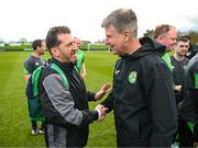 25 March 2023; Matt English of the Special Olympics Ireland with manager Stephen Kenny during a visit by the Special Olympics Ireland football team to a Republic of Ireland training session, held at the FAI National Training Centre in Abbotstown, Dublin, ahead of the Special Olympics World Games being held in Berlin, From 17 to 25 June 2023. Photo by Stephen McCarthy/Sportsfile