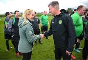 25 March 2023; Karen Coventry of the Special Olympics Ireland with manager Stephen Kenny during a visit by the Special Olympics Ireland football team to a Republic of Ireland training session, held at the FAI National Training Centre in Abbotstown, Dublin, ahead of the Special Olympics World Games being held in Berlin, From 17 to 25 June 2023. Photo by Stephen McCarthy/Sportsfile