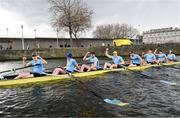 25 March 2023; The UCD team, from front to back, Fintan Earley, Sam Daly, David Somers, Paul Flood, Luke Dunleavy, Mika Ryan, Mikey Campion and David Crooks celebrate after winning the Colours Boat Race between UCD and Trinity College on the River Liffey in Dublin. Photo by David Fitzgerald/Sportsfile