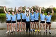 25 March 2023; The UCD team Shauna Fitzsimons (Cox), centre, and from left, Fintan Earley, Sam Daly, David Somers, Paul Flood, Luke Dunleavy, Mika Ryan, Mikey Campion and David Crooks celebrate after winning the Colours Boat Race between UCD and Trinity College on the River Liffey in Dublin. Photo by David Fitzgerald/Sportsfile