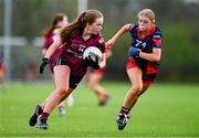 25 March 2023; Clodagh Clarke of Loreto College in action against Tara O'Neill of St Mary's High School during the Lidl LGFA Post Primary Junior A Final match between Loreto College Cavan and St Mary's High School Midleton, Cork at the GAA National Games Development Centre in Abbotstown, Dublin. Photo by Ben McShane/Sportsfile
