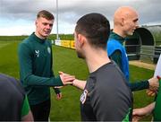 25 March 2023; Members of the Special Olympics Ireland Football Team meet Evan Ferguson during a visit to a Republic of Ireland training session, held at the FAI National Training Centre in Abbotstown, Dublin, ahead of the Special Olympics World Games being held in Berlin, From 17 to 25 June 2023. Photo by Stephen McCarthy/Sportsfile