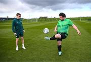 25 March 2023; Omer Teko of the Special Olympics Ireland Football Team with Seamus Coleman during a visit to a Republic of Ireland training session, held at the FAI National Training Centre in Abbotstown, Dublin, ahead of the Special Olympics World Games being held in Berlin, From 17 to 25 June 2023. Photo by Stephen McCarthy/Sportsfile