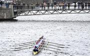 25 March 2023; Spectators look on as the UCD team compete during the Senior Girls Colours Boat Race between UCD and Trinity College on the River Liffey in Dublin. Photo by David Fitzgerald/Sportsfile
