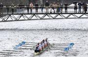 25 March 2023; The UCD team compete during the Senior Girls Colours Boat Race between UCD and Trinity College on the River Liffey in Dublin. Photo by David Fitzgerald/Sportsfile