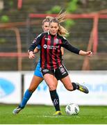 25 March 2023; Sarah Rowe of Bohemians in action against Chloe Mooney of Peamount United during the SSE Airtricity Women's Premier Division match between Bohemians and Peamount United at Dalymount Park in Dublin. Photo by Stephen Marken/Sportsfile