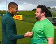 25 March 2023; Special Olympics Ireland Football Team goalkeeper Omer Teko meets Republic of Ireland goalkeeper Gavin Bazunu during a visit to a Republic of Ireland training session, held at the FAI National Training Centre in Abbotstown, Dublin, ahead of the Special Olympics World Games being held in Berlin, From 17 to 25 June 2023. Photo by Stephen McCarthy/Sportsfile