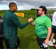 25 March 2023; Special Olympics Ireland Football Team goalkeeper Omer Teko meets Republic of Ireland goalkeeper Gavin Bazunu during a visit to a Republic of Ireland training session, held at the FAI National Training Centre in Abbotstown, Dublin, ahead of the Special Olympics World Games being held in Berlin, From 17 to 25 June 2023. Photo by Stephen McCarthy/Sportsfile