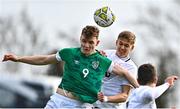 25 March 2023; Mark O'Mahony of Republic of Ireland in action against Andreas Vaher of Estonia during the UEFA European Under-19 Championship Elite Round match between Republic of Ireland and Estonia at Ferrycarrig Park in Wexford. Photo by Sam Barnes/Sportsfile