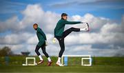 25 March 2023; Goalkeepers Mark Travers and Gavin Bazunu, left, during a Republic of Ireland training session at the FAI National Training Centre in Abbotstown, Dublin. Photo by Stephen McCarthy/Sportsfile