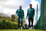 25 March 2023; Michael Obafemi, left, and Chiedozie Ogbene during a Republic of Ireland training session at the FAI National Training Centre in Abbotstown, Dublin. Photo by Stephen McCarthy/Sportsfile