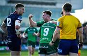 25 March 2023; David Hawkshaw of Connacht celebrates after teammate Caolin Blade, 9, scored their side's third try during the United Rugby Championship match between Connacht and Edinburgh at the Sportsground in Galway. Photo by Brendan Moran/Sportsfile