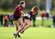 25 March 2023; Orlaith Murphy of St Mary's High School is tackled by Danielle McGovern of Loreto College during the Lidl LGFA Post Primary Junior A Final match between Loreto College Cavan and St Mary's High School Midleton, Cork at the GAA National Games Development Centre in Abbotstown, Dublin. Photo by Ben McShane/Sportsfile
