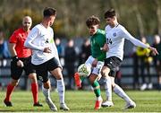 25 March 2023; Kevin Zefi of Republic of Ireland in action against Ramon Smirnov, right, and Martin Vetkal of Estonia during the UEFA European Under-19 Championship Elite Round match between Republic of Ireland and Estonia at Ferrycarrig Park in Wexford. Photo by Sam Barnes/Sportsfile