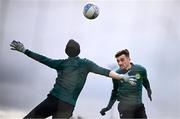 25 March 2023; Troy Parrott and goalkeeper Caoimhin Kelleher, left, during a Republic of Ireland training session at the FAI National Training Centre in Abbotstown, Dublin. Photo by Stephen McCarthy/Sportsfile