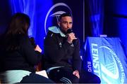 24 March 2023; Dave Kearney of Leinster speaks with Bebhinn Dunne of the OLSC during a Q&A in the Guinness Fanzone at the United Rugby Championship match between Leinster and DHL Stormers at the RDS Arena in Dublin. Photo by Harry Murphy/Sportsfile