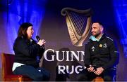 24 March 2023; Dave Kearney of Leinster speaks with Bebhinn Dunne of the OLSC during a Q&A in the Guinness Fanzone at the United Rugby Championship match between Leinster and DHL Stormers at the RDS Arena in Dublin. Photo by Harry Murphy/Sportsfile